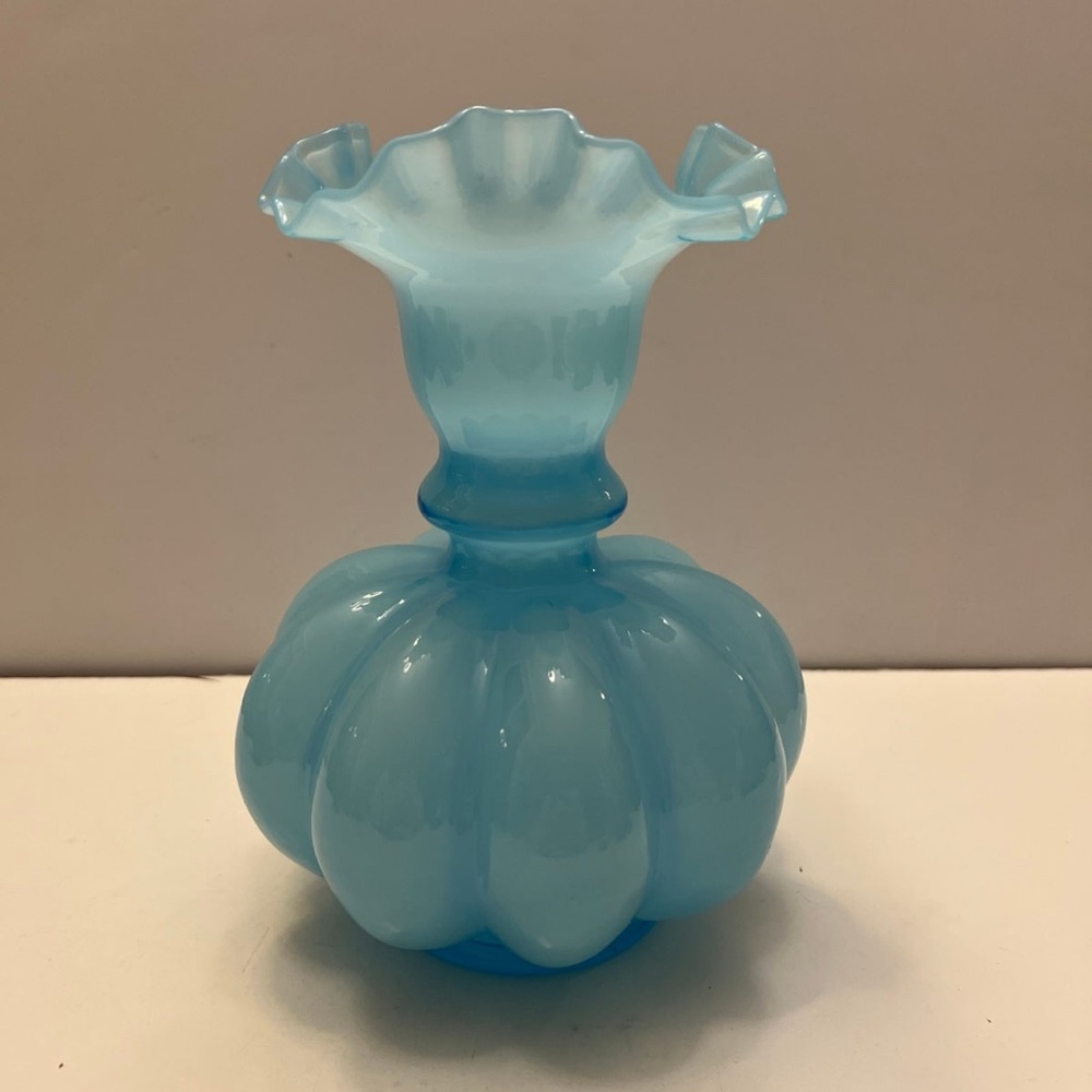 Blue Ruffled Overlay Melon Vase - Light Blue - Collectible Glass - Crimpe